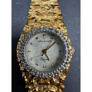 Vintage Helbros Womens Watch Gold Tone Nugget Band Diamond Bezel 20mm Sz 6.5